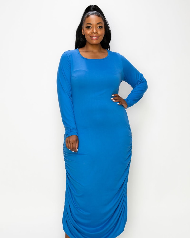 Front of a model wearing a size 1X Jessica Ruched Maxi Dress in Cobalt by L I V D. | dia_product_style_image_id:241816